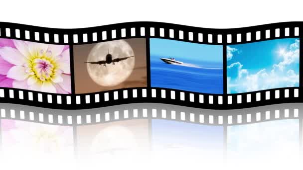 Filmstrip Com Diferentes Fotos Sobre Fundo Branco — Vídeo de Stock