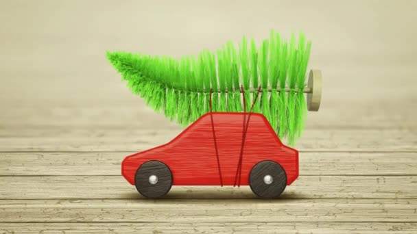 绿色圣诞树红色玩具车 — 图库视频影像