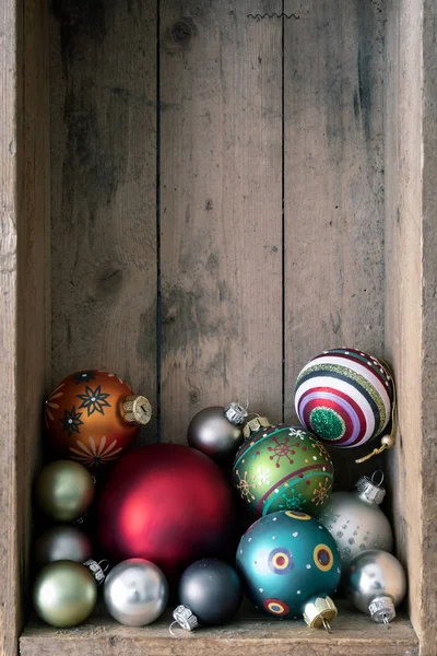 Christmas Decoration Glass Balls Wooden Box Background — Stock Photo, Image