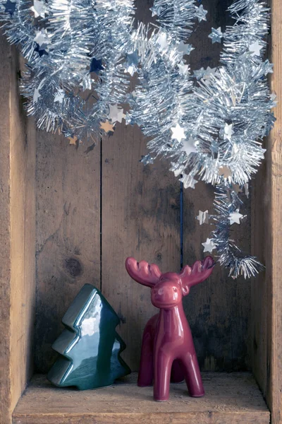 Décoration Noël Cerf Arbre Figure Dans Fond Boîte Bois — Photo