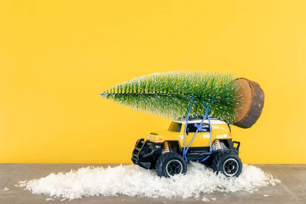 Image Yellow Suv Monster Car Truck Toy Fir Tree — Stock Photo, Image