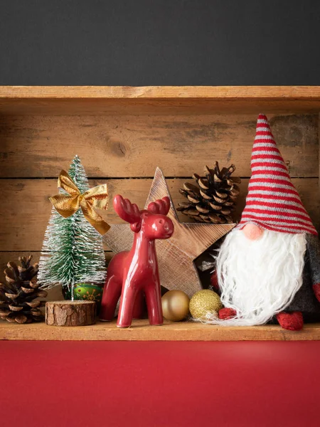 Décoration Noël Cerf Figure Gnome Dans Fond Boîte Bois — Photo