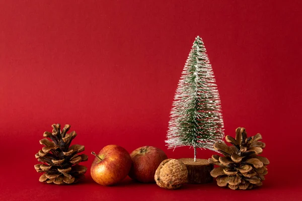 赤の背景にモミの木でクリスマスの装飾 — ストック写真