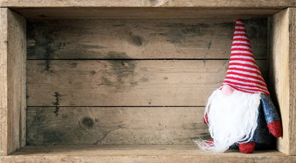 Vánoční Dekorace Gnome Pozadí Dřevěná Krabice — Stock fotografie