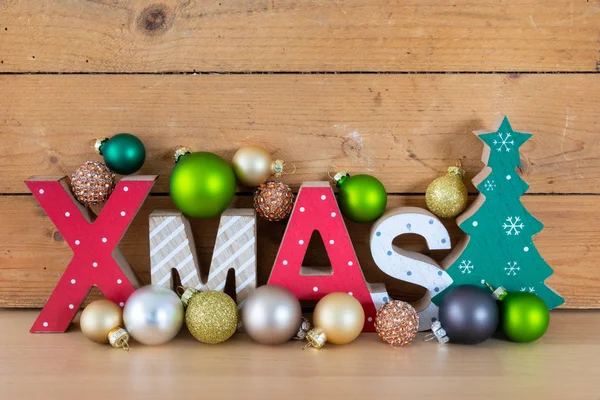 木製ボックス クリスマスのシンボルの装飾の木製クリスマス テキスト — ストック写真