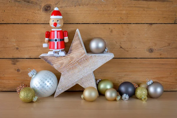 Una Decoración Típica Símbolos Navideños Sobre Fondo Madera — Foto de Stock