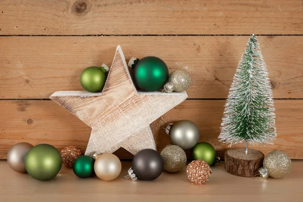 Christmas Decoration Glass Balls Wooden Star Fir Tree — Stock Photo, Image