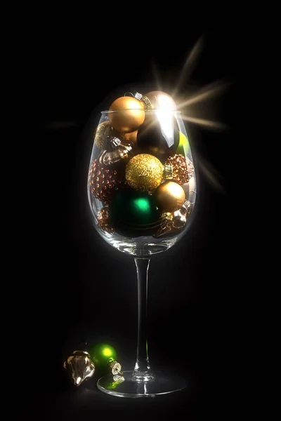 Christmas Decoration Wine Glass Black Background Glass Balls — Stock Photo, Image