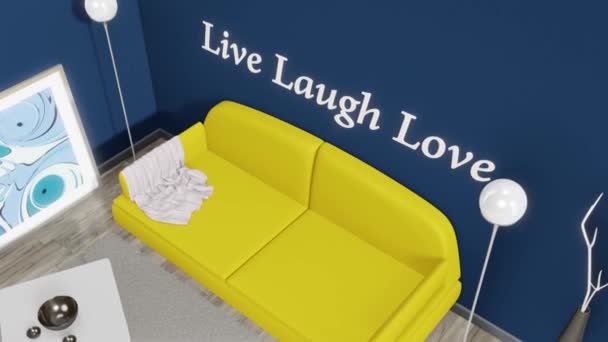 テキスト ライブ笑い愛の壁に青い部屋でオレンジのソファ — ストック動画