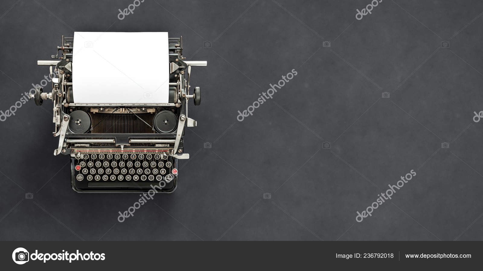 Vintage Typewriter Header Blank Sheet White Paper Grey Background