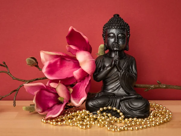 Buddha Statue Sign Peace Wisdom Red Background — Stock Photo, Image