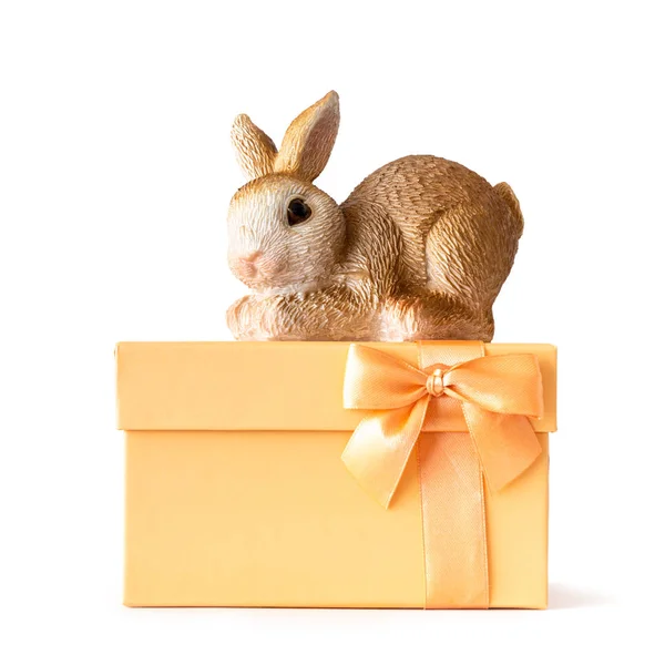 Пасхальный Кролик Оранжевой Подарочной Коробке Изолированы Белом Фоне — стоковое фото