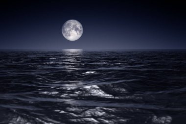 wide ocean waves horizon moon night background 3D illustration
