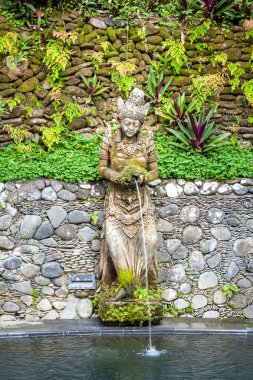 Eski yosun kaplı taş heykel çeşme bir gölet, Bali, Endonezya su yeşil bitkiler ile doğal bir kaya duvarına karşı fışkıran ile