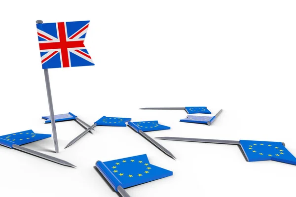 ヨーロッパの旗と英国の旗ブレグジットカオス象徴3Dイラストと針 — ストック写真