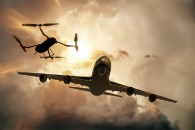 Ticari uçak yakınında uçan Drone, çarpışma tehlikesi 3d illüstrasyon
