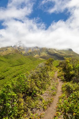 bulutlarla kaplı volkan Taranaki görünümü, Yeni Zelanda 