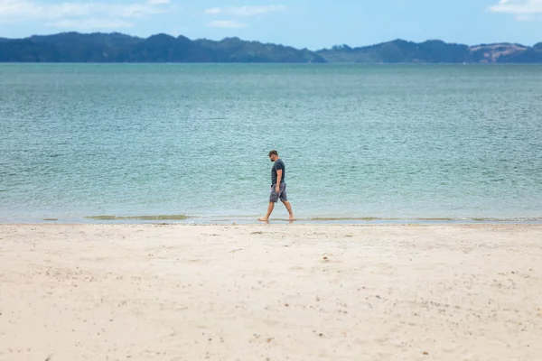 Homem andando sozinho na praia Nova Zelândia — Fotografia de Stock