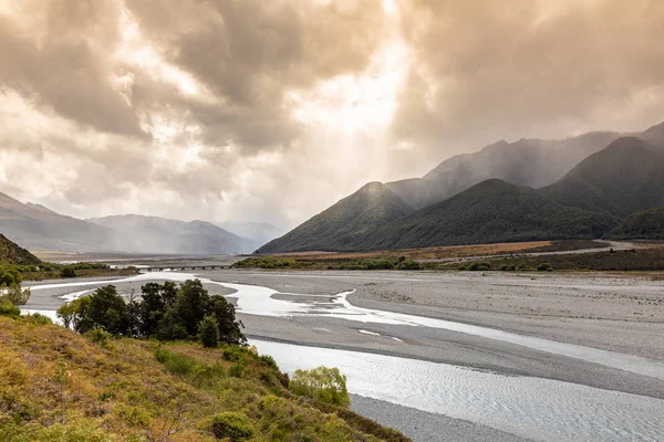 Utsikt Över Flodbädden Landskaps Landskap Arthurs Pass Södra Nya Zeeland — Stockfoto