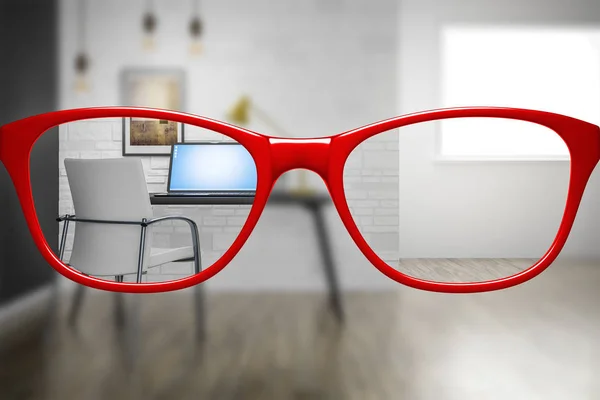 Darstellung Einer Roten Brille Mit Scharfem Home Office — Stockfoto