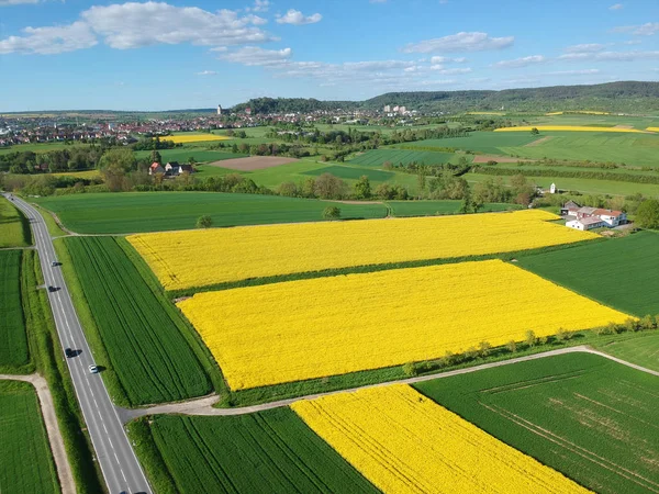 Flight over some rape fields in south Germany near Herrenberg — Stock Photo, Image