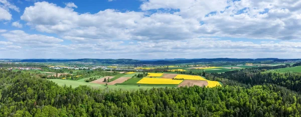 Voo sobre alguns campos de estupro no sul da Alemanha perto de Sulz — Fotografia de Stock