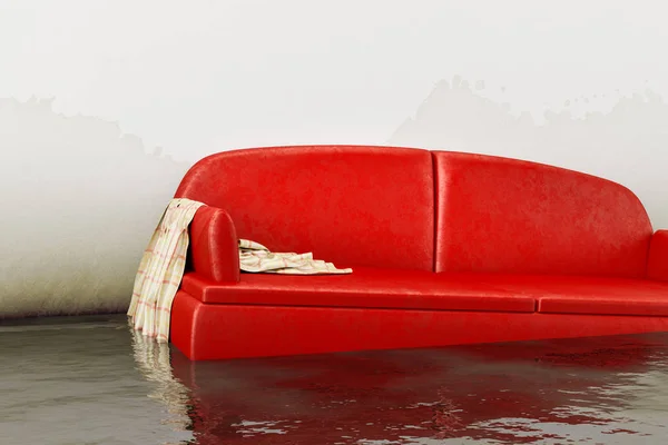 Woda szkoda czerwona sofa — Zdjęcie stockowe