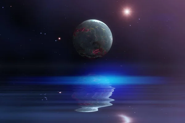 물에 반사되어 우주 공간에 있는 행성 — 스톡 사진