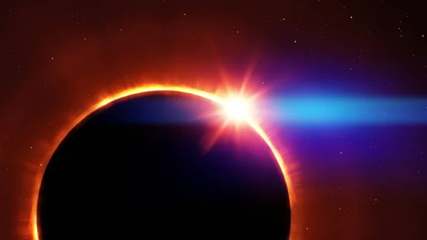 Повне сонячне затемнення з зірками і полум'ям — стокове фото