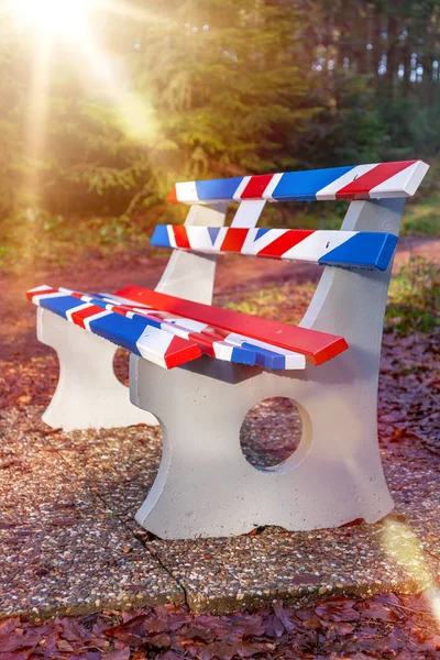Bench in Great Britain Union Jack flag colors — Stock Photo, Image