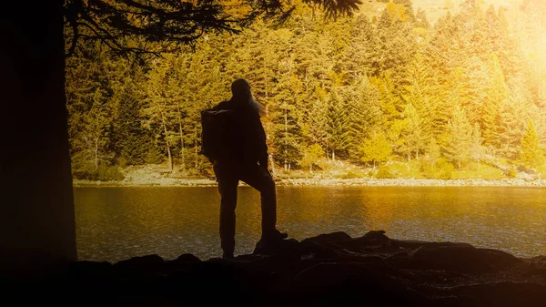 Image Silhouette Hiker Autumnal Lake — Stock Photo, Image