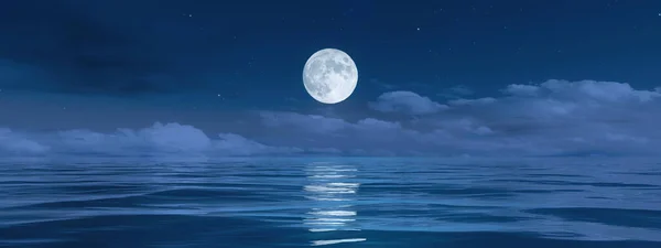 A pale moon over the ocean banner background 3D illustration