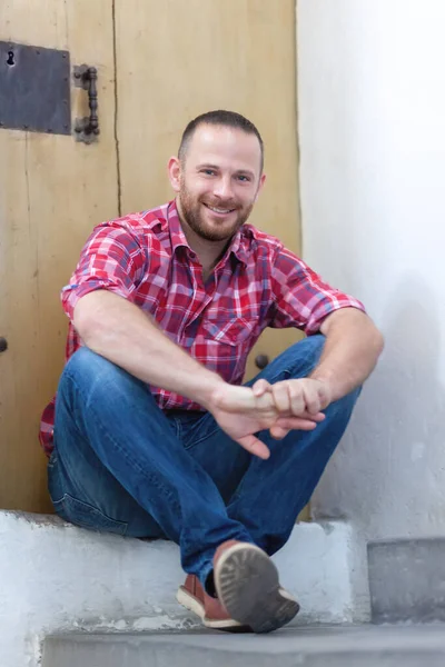 Image Young Bearded Man Sitting Door — Stock Photo, Image