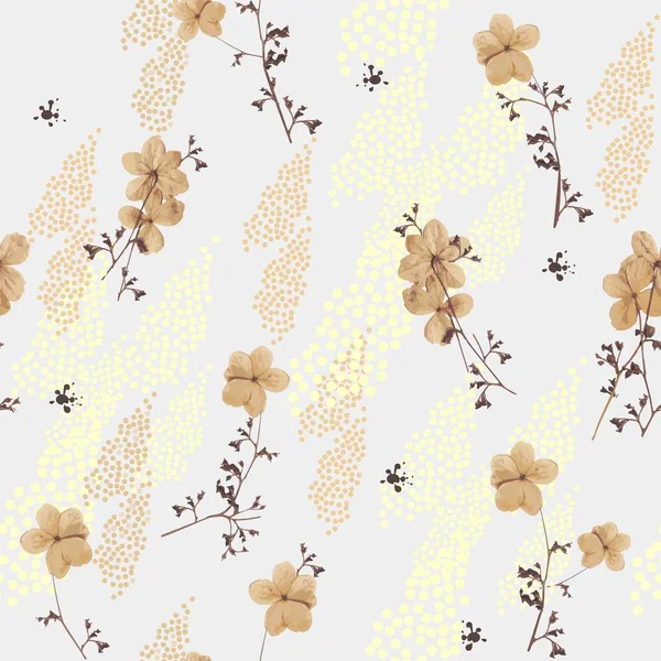 Flowers of hydrangea climbing plant in dark brown and beige colors seamless pattern on white background