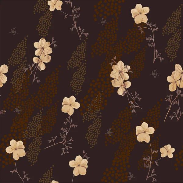 Flowers of hydrangea climbing plant in dark brown and beige colors seamless pattern on dark brown background