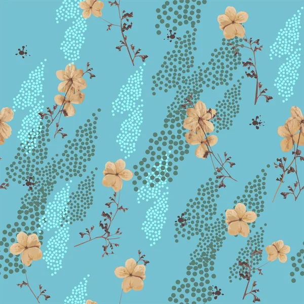 Flowers of hydrangea climbing plant in dark brown and beige colors seamless pattern on blue background
