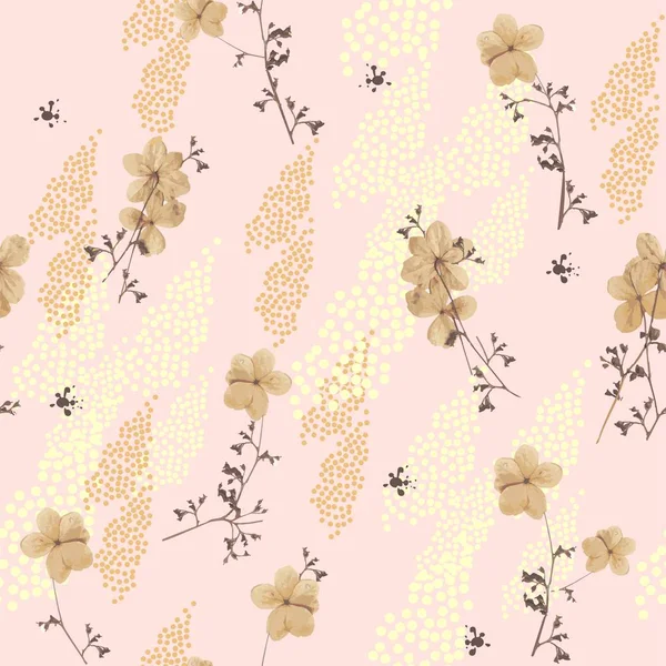 Flowers of hydrangea climbing plant in dark brown and beige colors seamless pattern on pink background