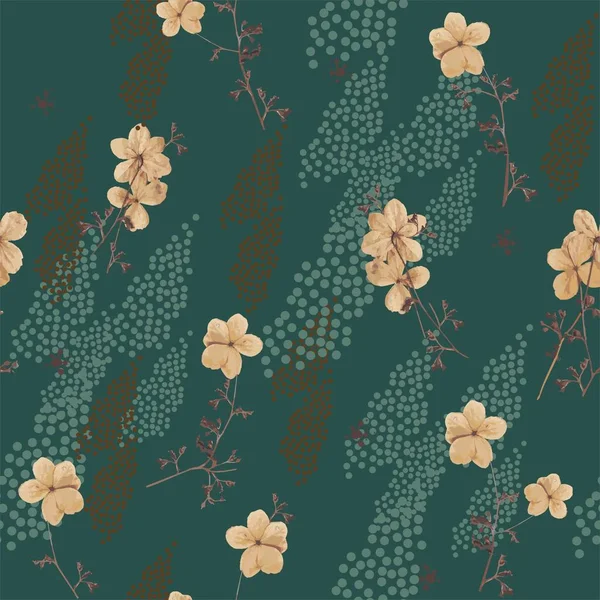 Flowers of hydrangea climbing plant in dark brown and beige colors seamless pattern on green background