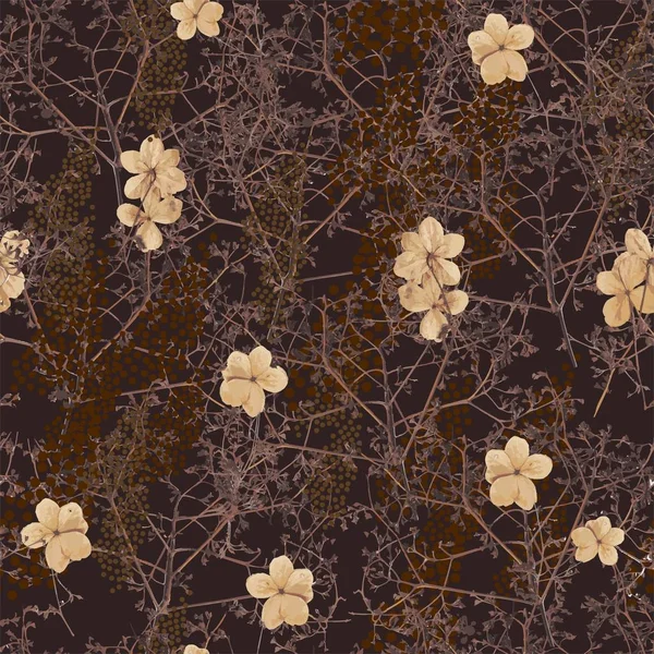 Flowers of hydrangea climbing plant in dark brown and beige colors seamless pattern on dark brown background