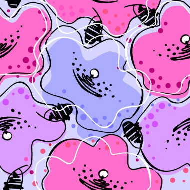 Pembe, mavi mor ve siyah renkler Dikişsiz desen beyaz arka plan üzerinde İskandinav tarzında yemyeşil çiçeklenir.