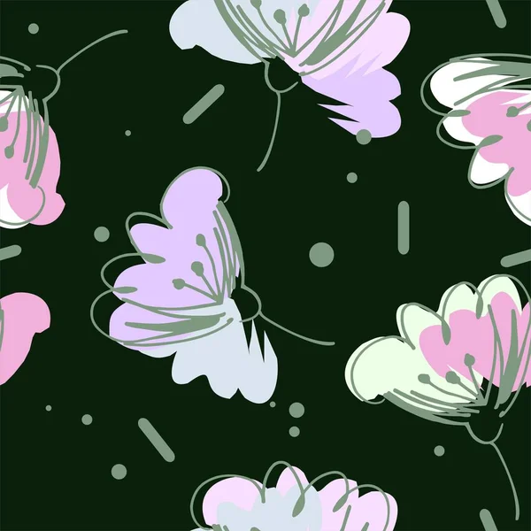 Мягкие Воздушные Цветы Розового Зеленого Серого Цветов Бесшовный Узор Черном — стоковый вектор