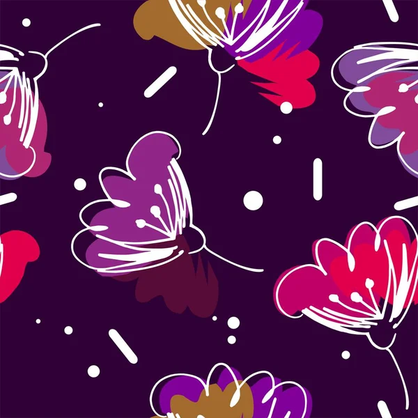 Ніжні Повітряні Квіти Золотих Червоних Білих Фіолетових Кольорах Безшовний Візерунок — стоковий вектор