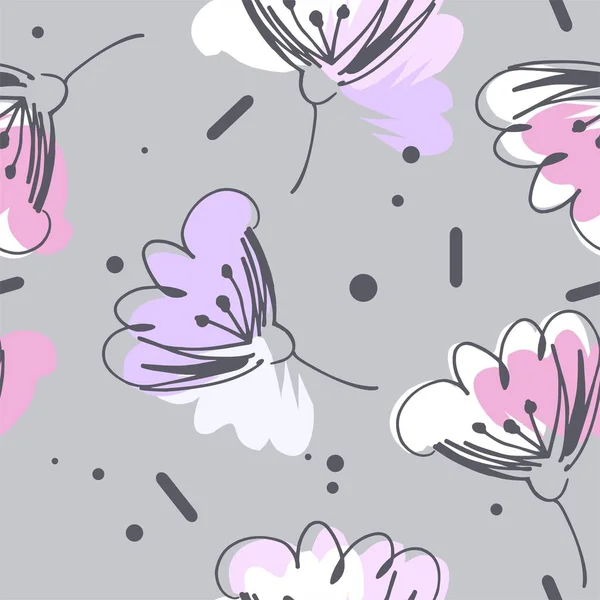 Gentle airy flowers in pink, gray, white and purple colors seamless pattern on gray background.