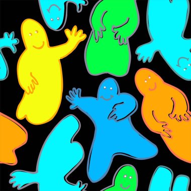 Hayaletler sarı, yeşil, gri ve turuncu renklerde seamless modeli siyah arka plan üzerine dans eğlenceli.