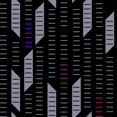 Siyah arka plan üzerine Dikişsiz desen geometrik süsleme ve parallelograms kırmızı, mor, mavi ve gri renkler.