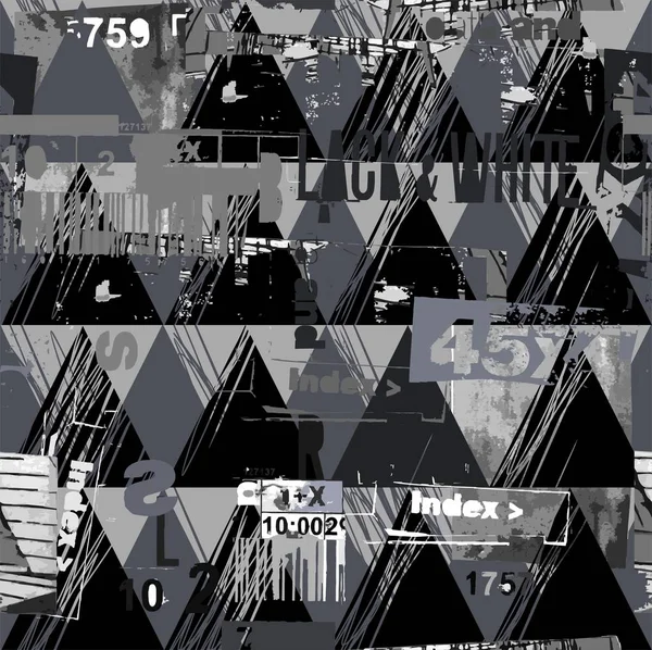 Collage Ornamentale Triangoli Linee Libere Con Font Simboli Grafici Nei — Vettoriale Stock