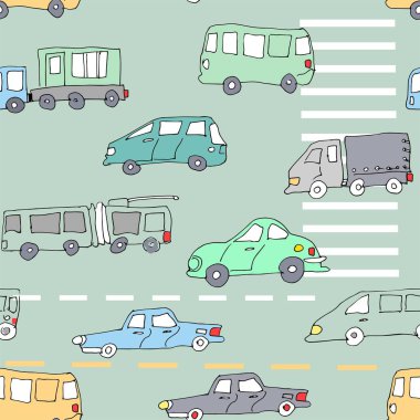 Açık yeşil arka planı üzerinde mavi, bej, yeşil, siyah, beyaz ve gri renkler Dikişsiz desen işaretleri ile yolda araba çizilmiş.