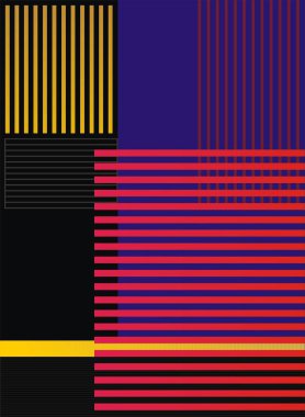 Siyah ve koyu mavi arkaplan üzerinde sarı ve kırmızı yatay çizgilere sahip poster.