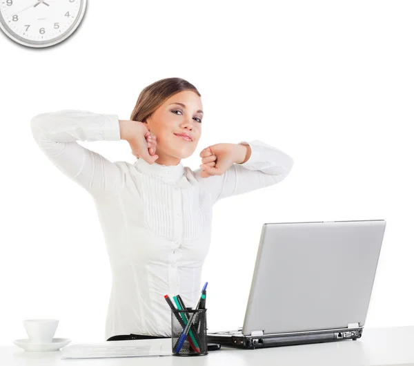 Businesswoman stretching her hands — Stock Photo, Image