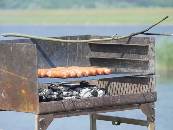 Nehir Arka Plan Üzerinde Sosis Ile Barbekü — Stok fotoğraf